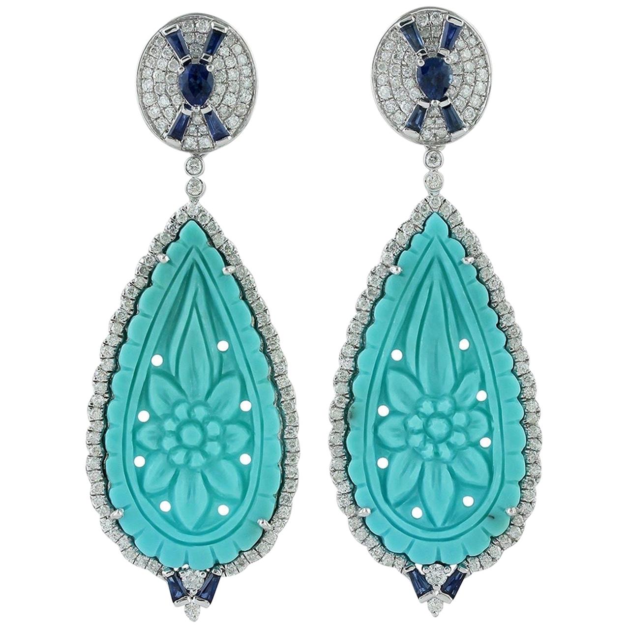 Carved Turquoise Diamond 18 Karat Gold Earrings For Sale