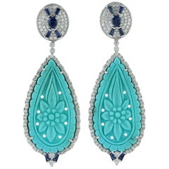 Carved Turquoise Diamond 18 Karat Gold Earrings