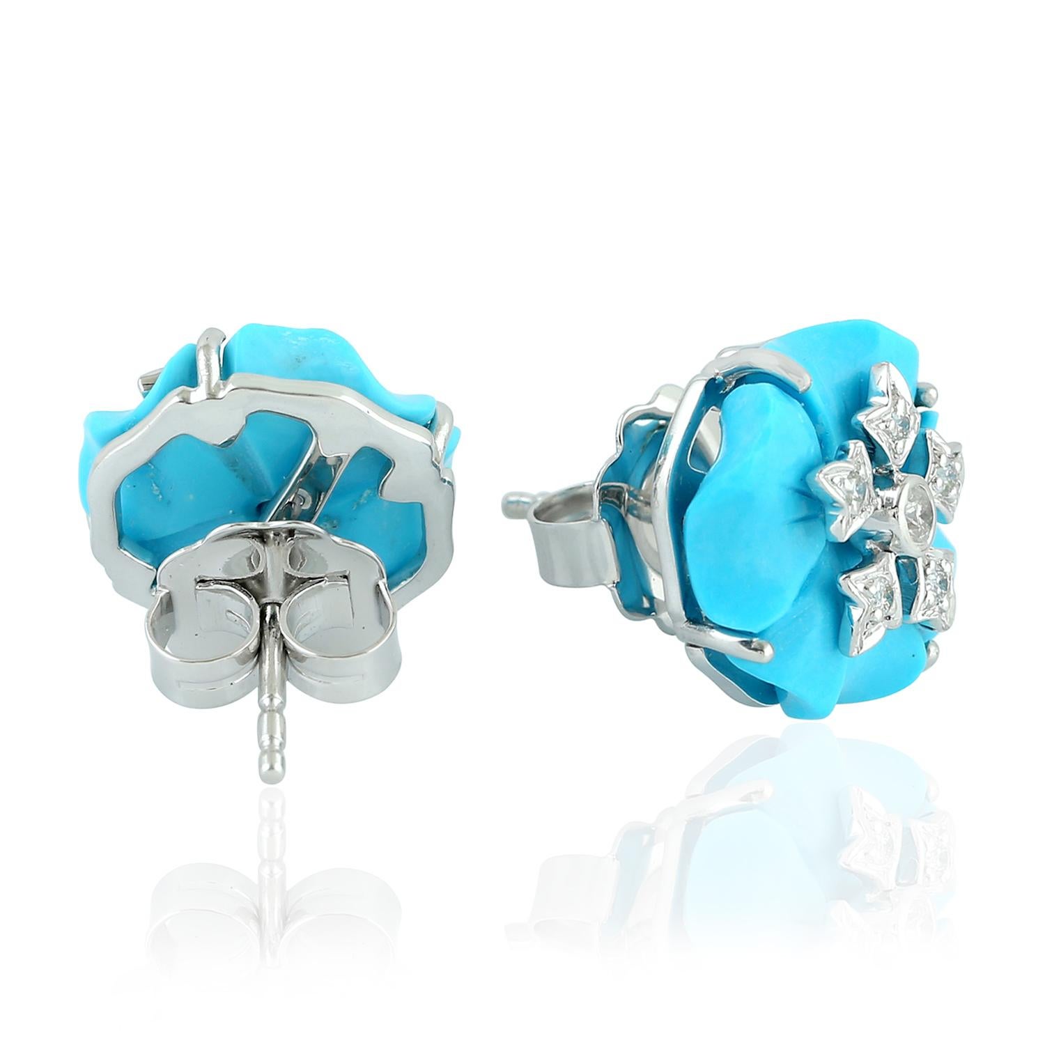 Modern Carved Turquoise Diamond Camila Stud Earrings For Sale