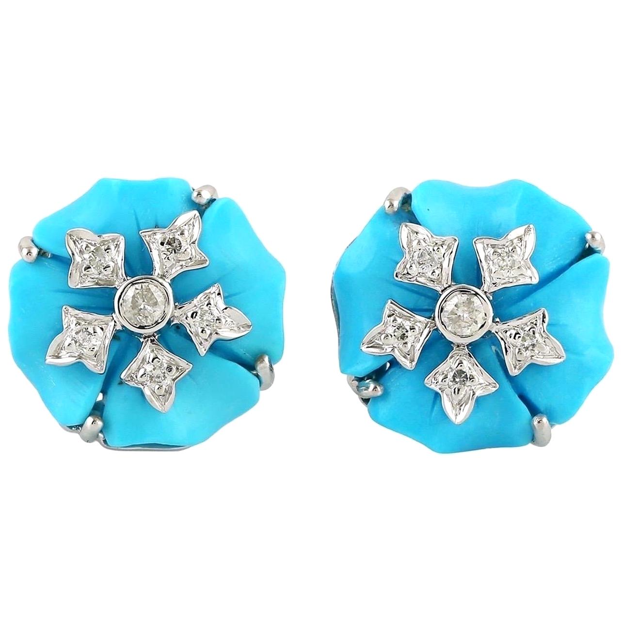 Carved Turquoise Diamond Camila 14 Karat Gold Stud Earrings