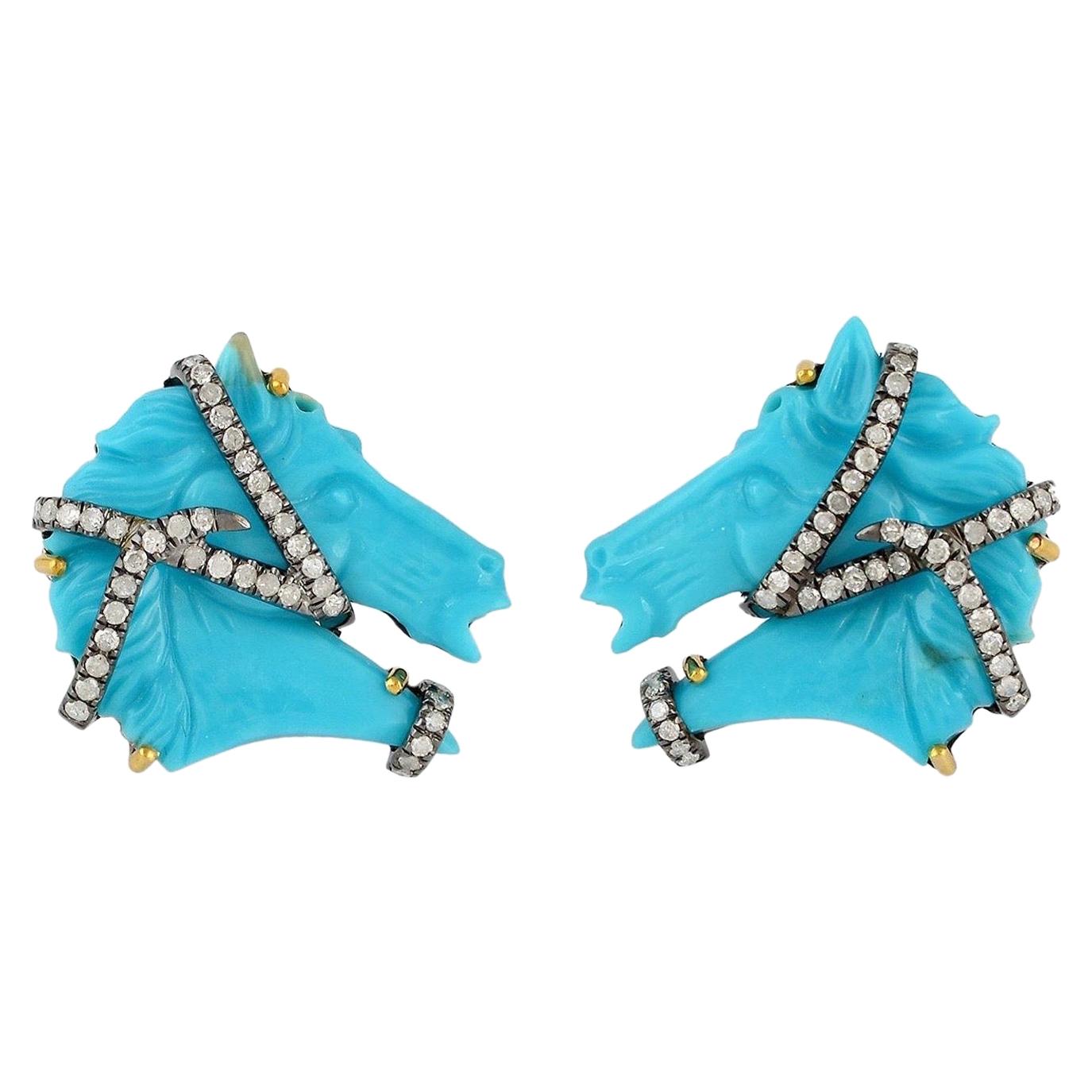 Carved Turquoise Diamond Horse Stud Earrings