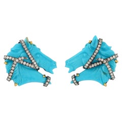 Carved Turquoise Diamond Horse Stud Earrings