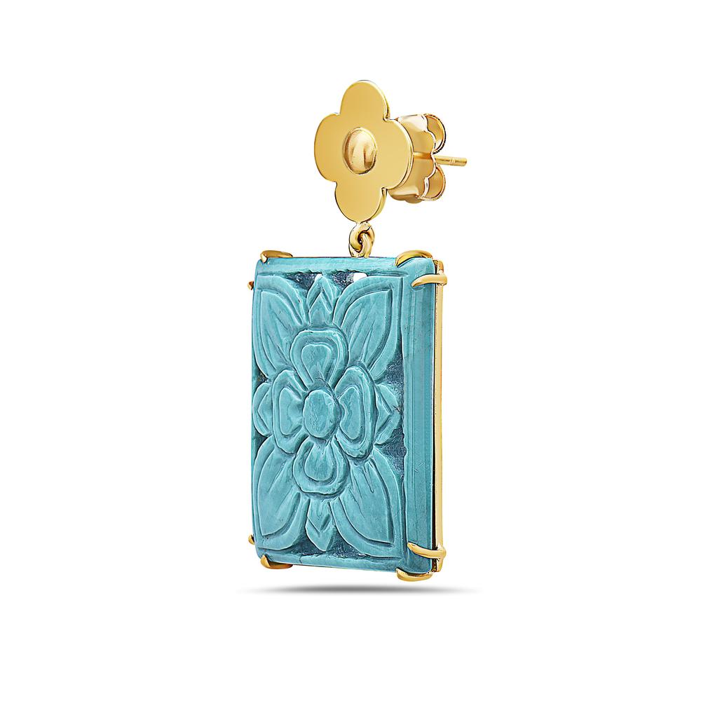 Art Deco Carved Turquoise Earring with Flower Design Made in 18k Yellow Gold For Sale
