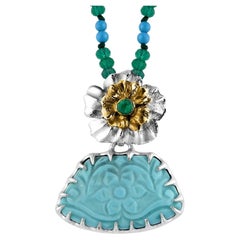 Carved Turquoise Emerald 18k Gold Silver Pendant
