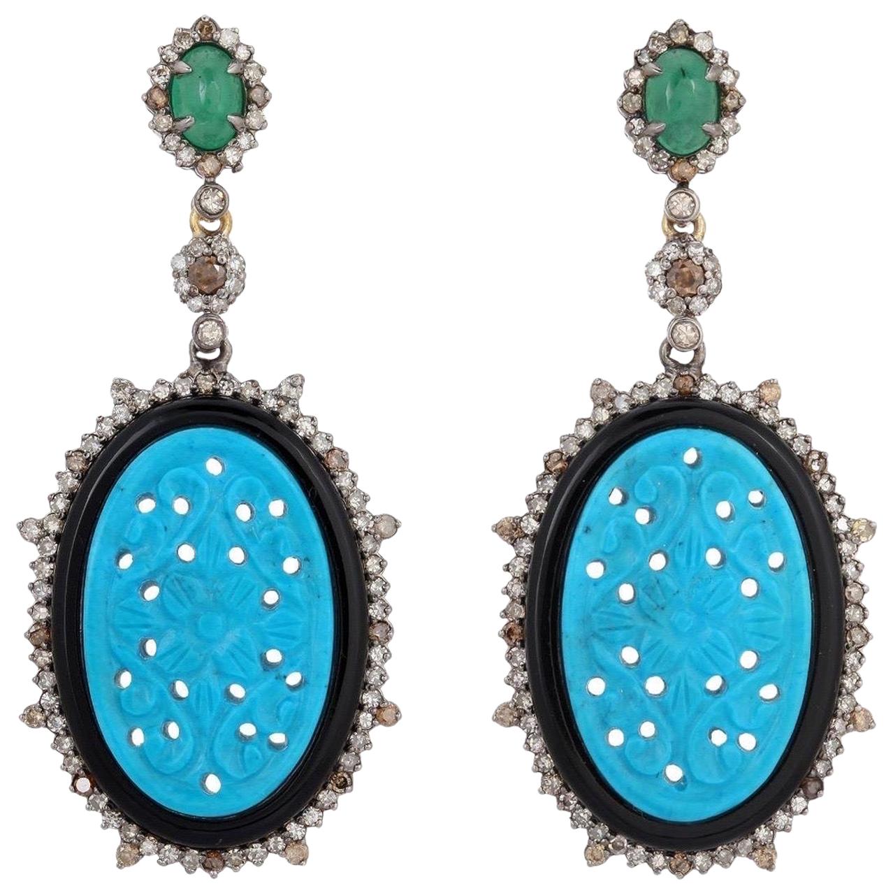 Carved Turquoise Emerald Black Onyx Diamond Earrings For Sale