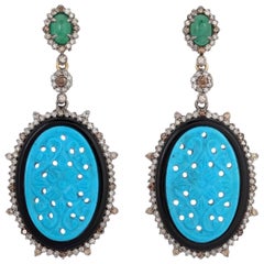 Carved Turquoise Emerald Black Onyx Diamond Earrings