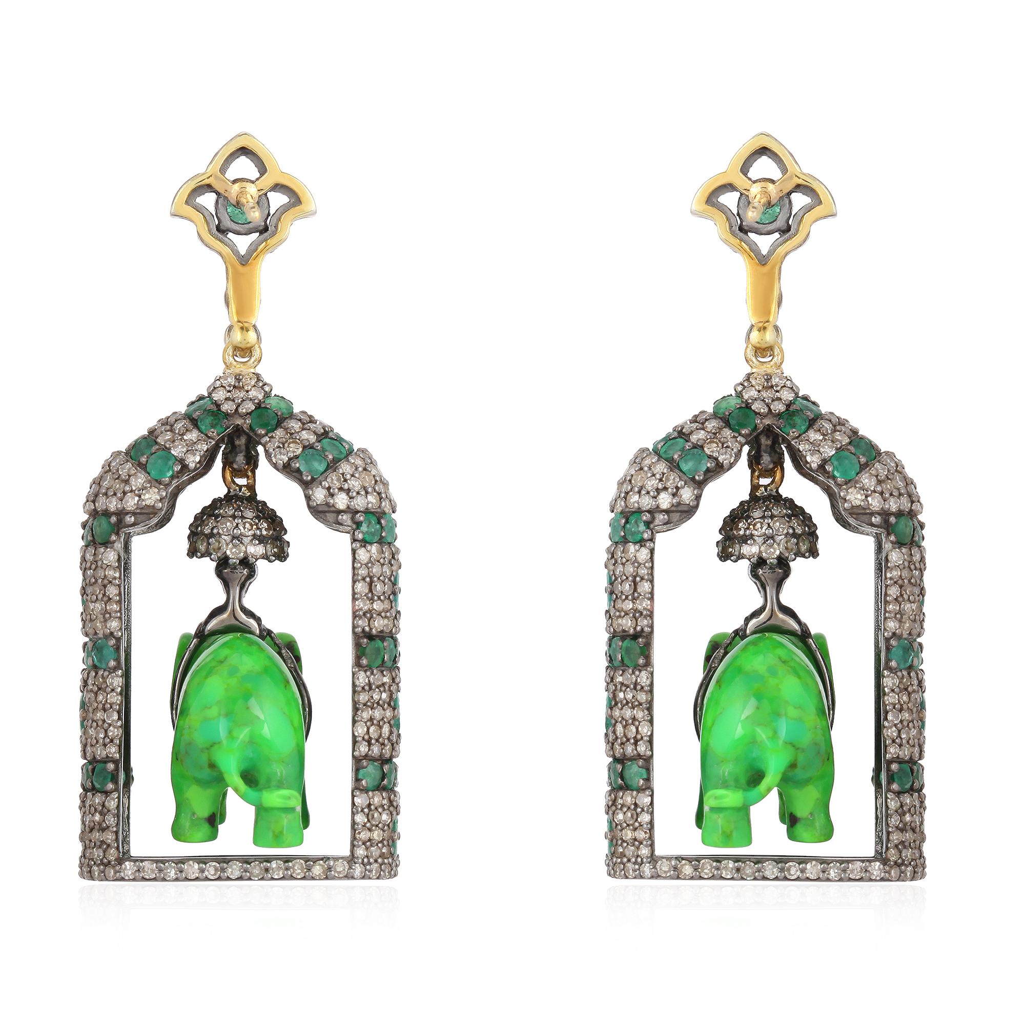 Artisan Carved Turquoise Emerald Diamond Elephant Earrings For Sale