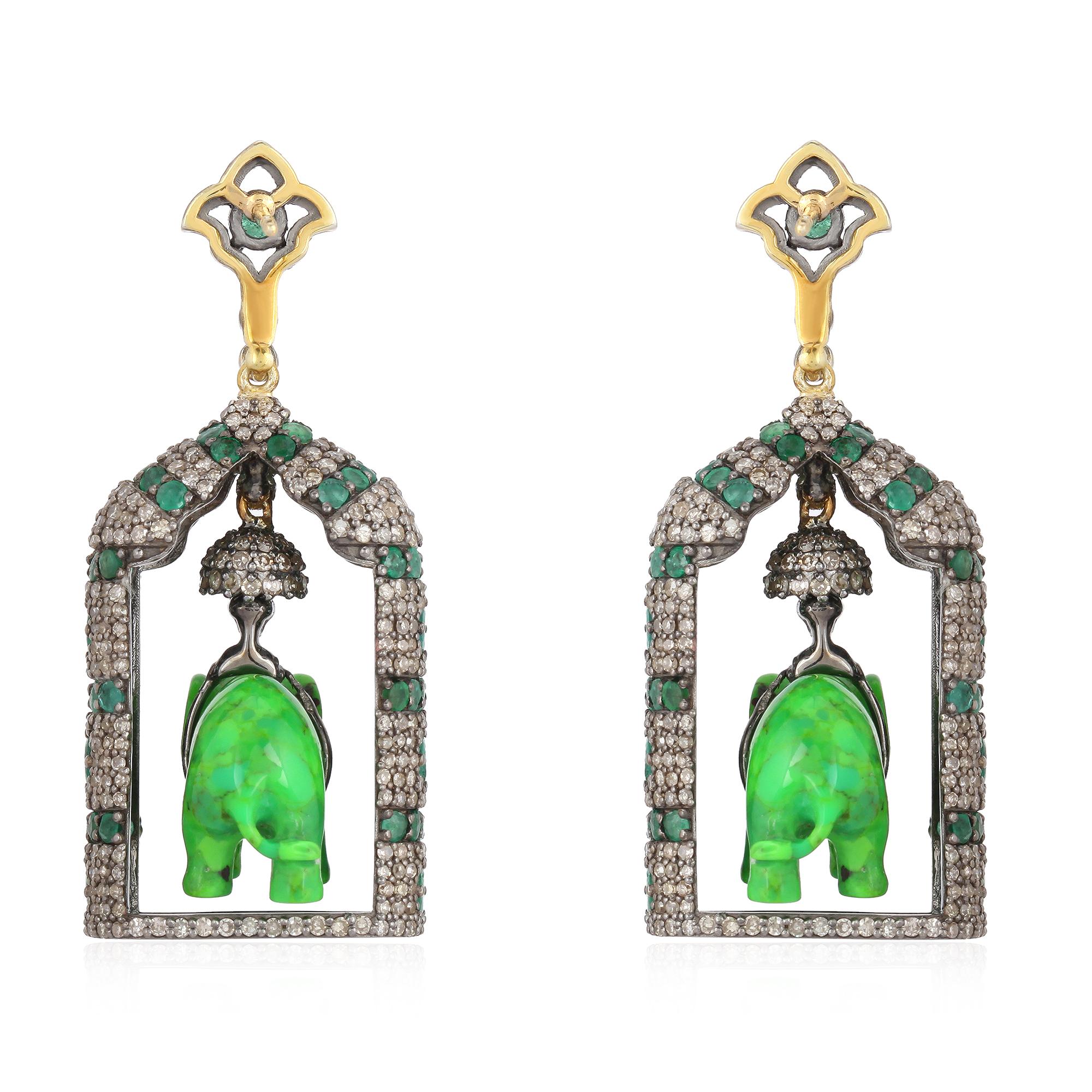 Artisan Carved Turquoise Emerald Diamond Elephant Earrings For Sale