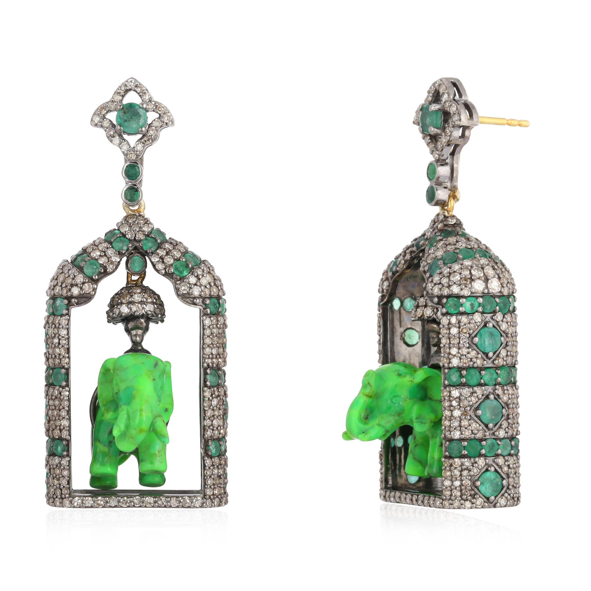 Mixed Cut Carved Turquoise Emerald Diamond Elephant Earrings For Sale