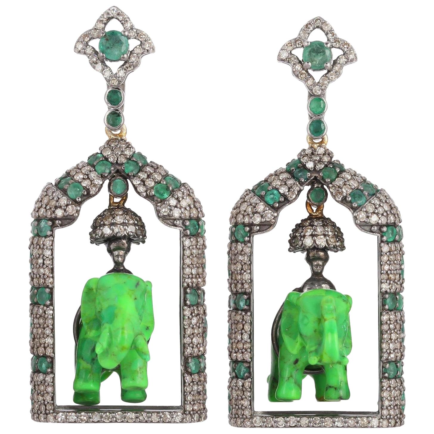 Carved Turquoise Emerald Diamond Elephant Earrings For Sale