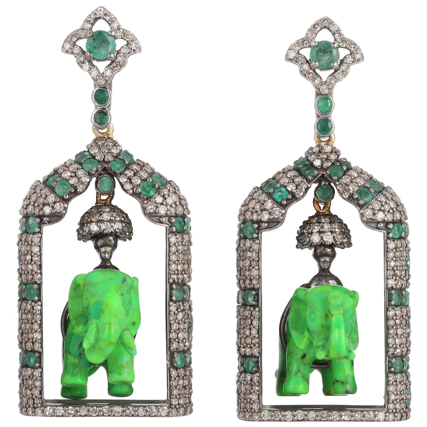 Carved Turquoise Emerald Diamond Elephant Earrings