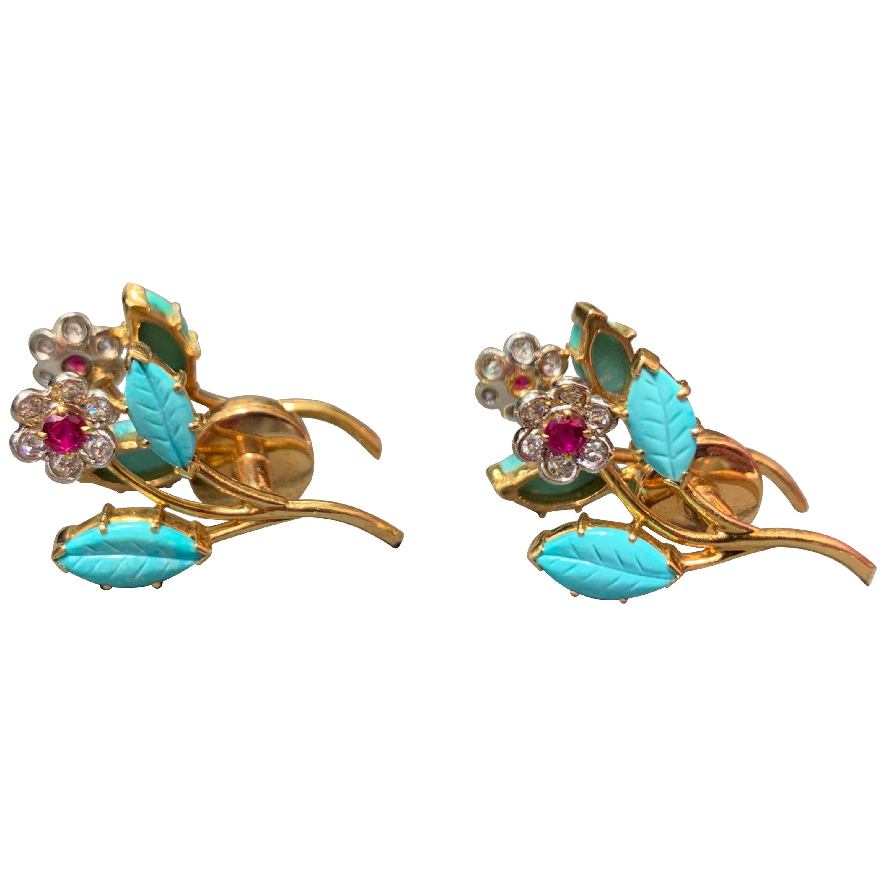 Carved Turquoise Floral Cufflinks