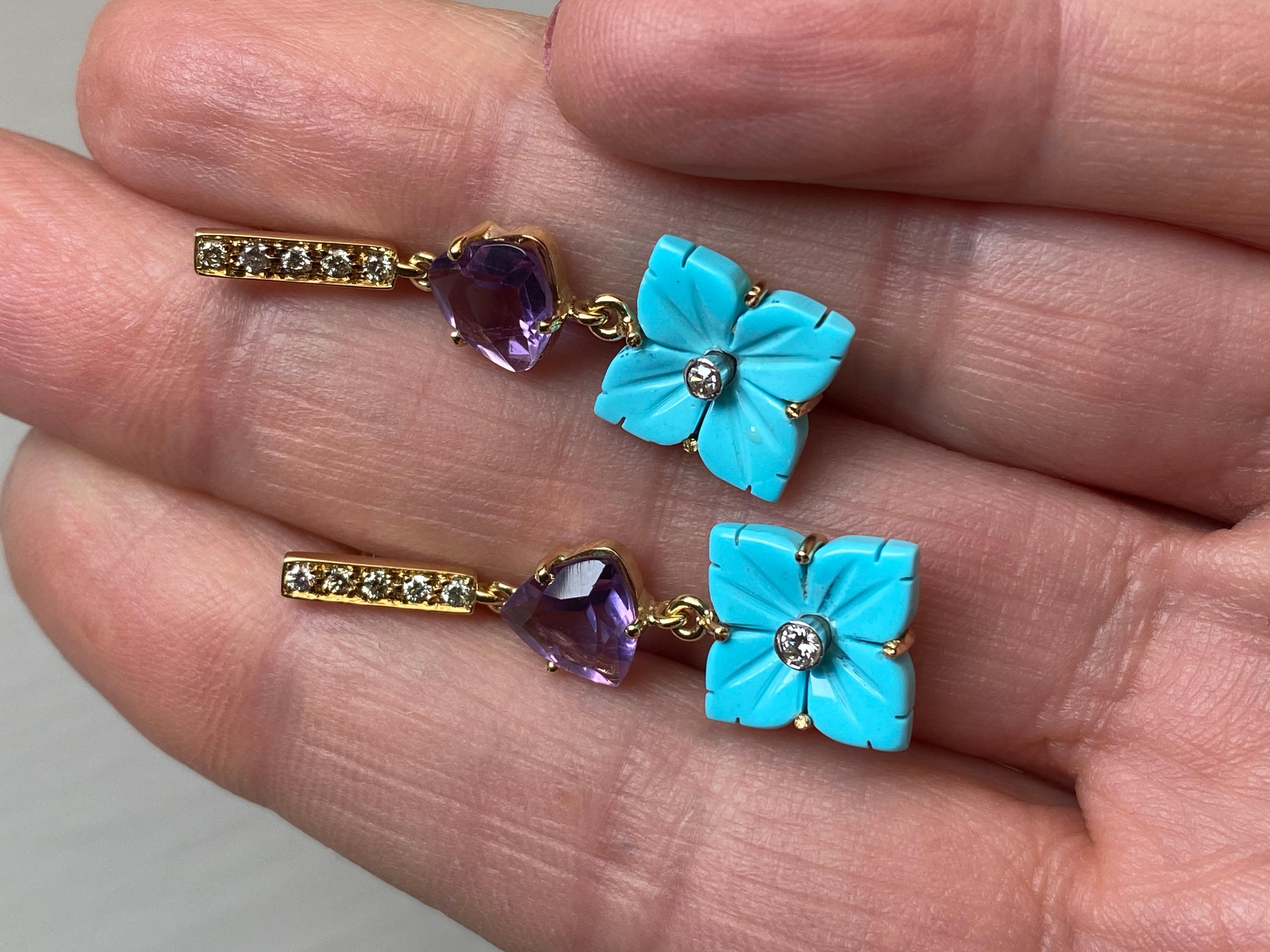 Women's Rossella Ugolini 18K Gold Amethyst and Turquoise Floral Earrings For Sale
