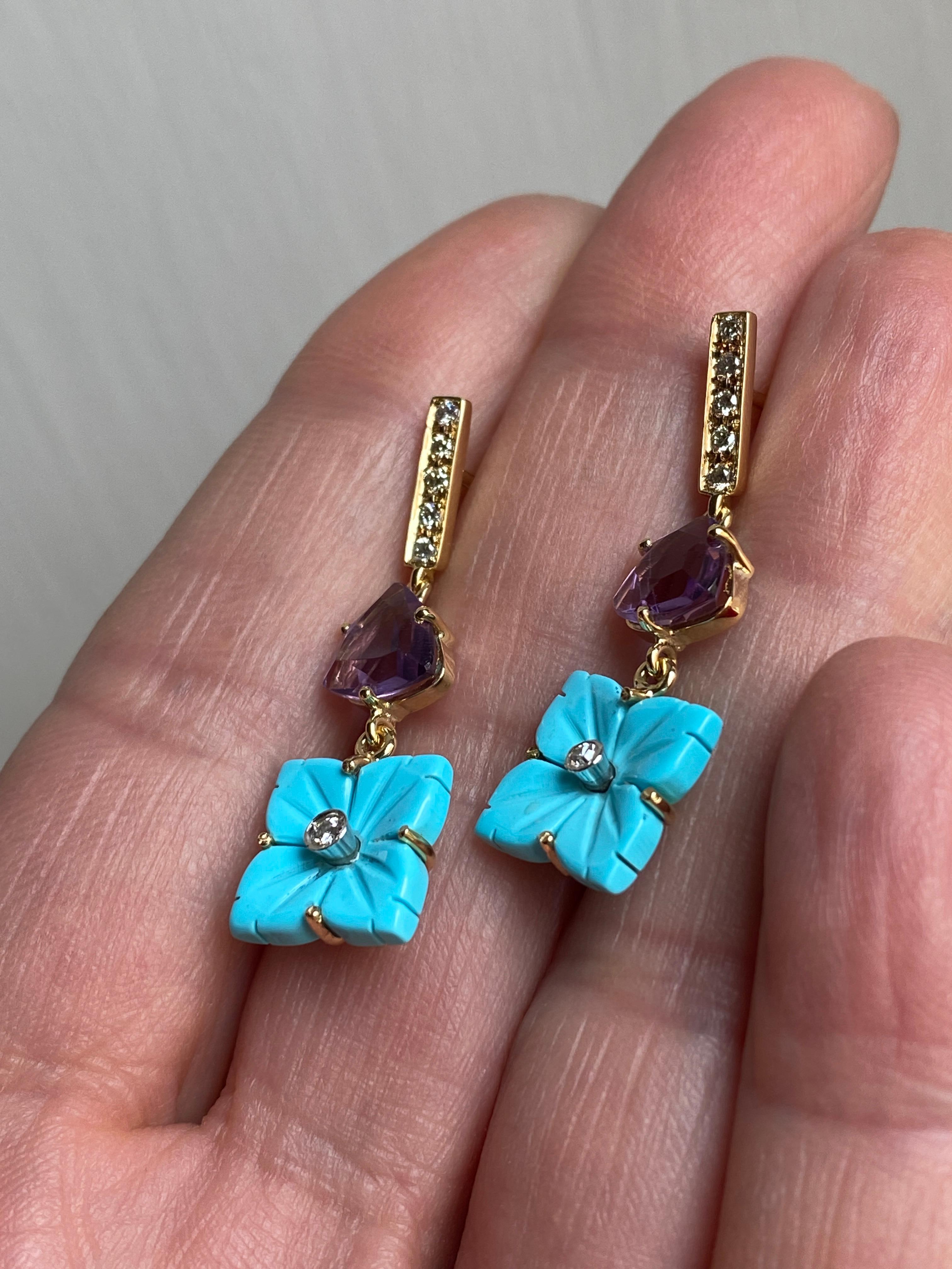 Art Deco Rossella Ugolini 18K Gold Amethyst and Turquoise Floral Earrings For Sale