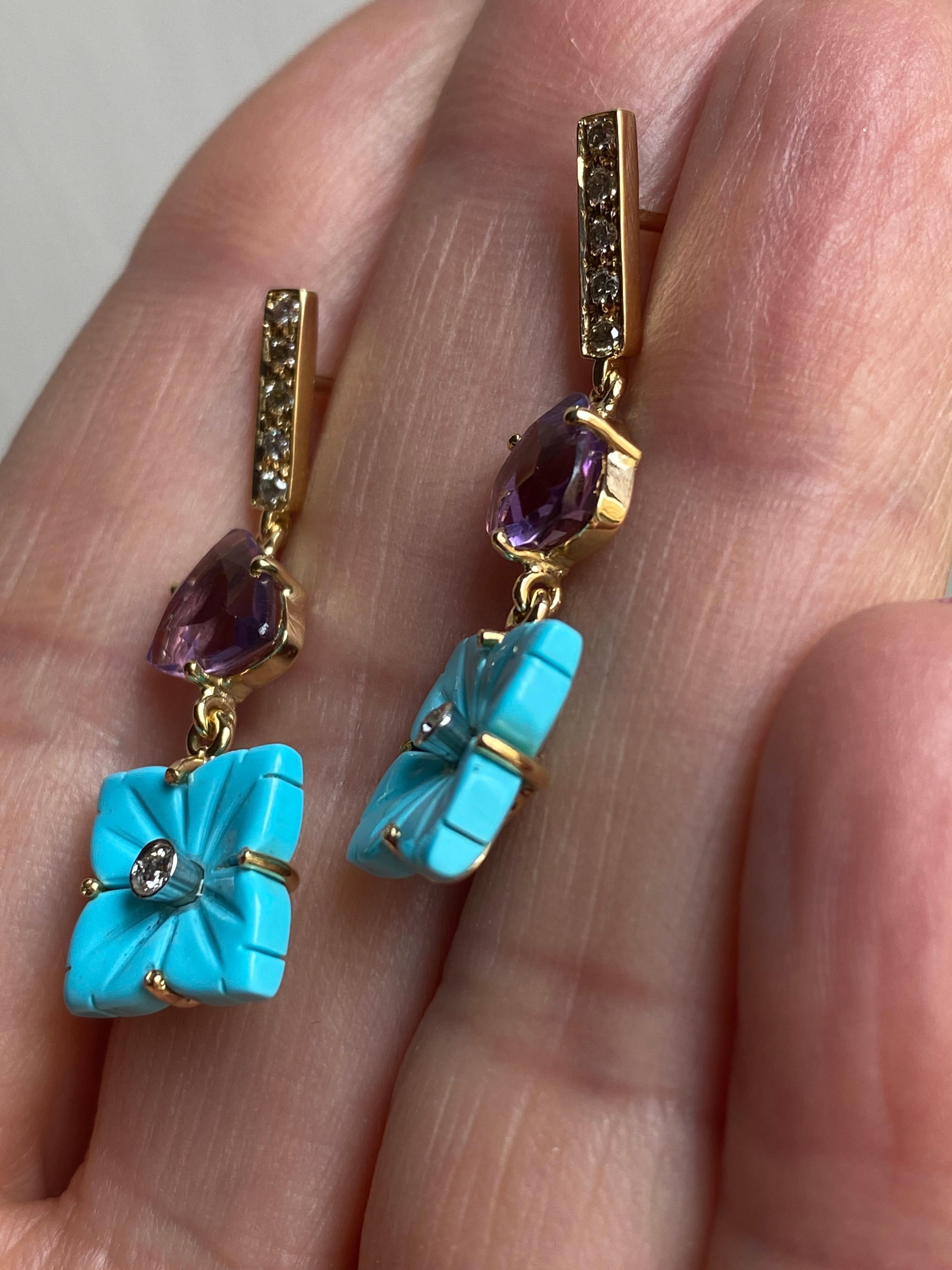 Rossella Ugolini 18K Gold Amethyst and Turquoise Floral Earrings For Sale 2