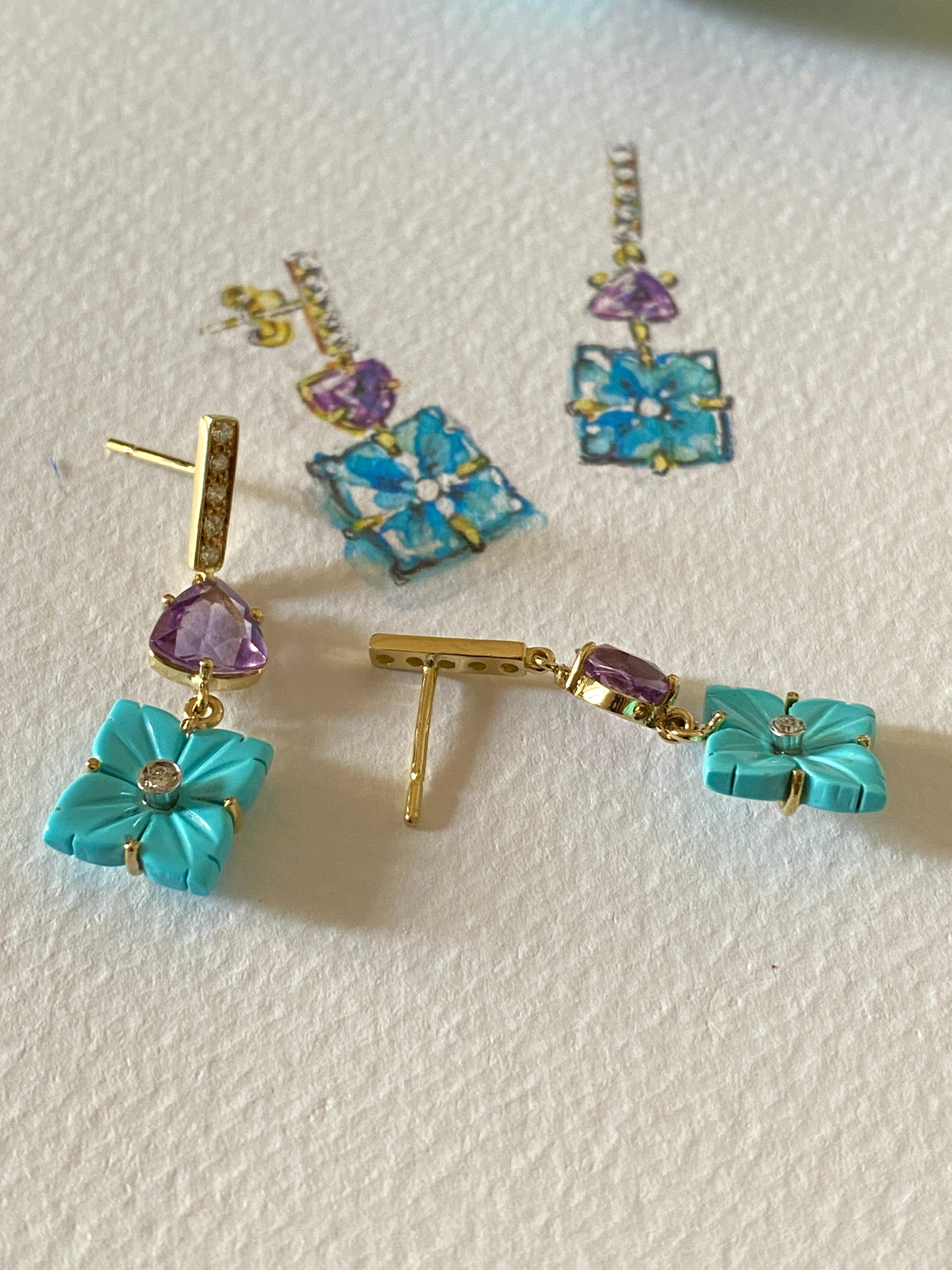 Rossella Ugolini 18K Gold Amethyst and Turquoise Floral Earrings For Sale 3