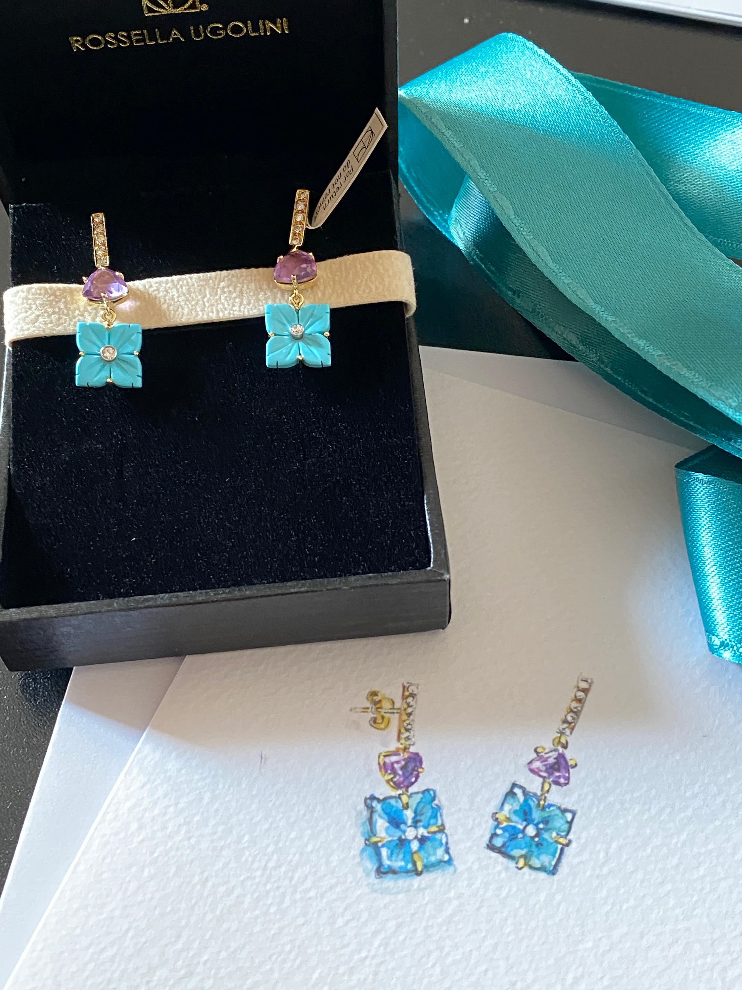 Rossella Ugolini 18K Gold Amethyst and Turquoise Floral Earrings For Sale 3