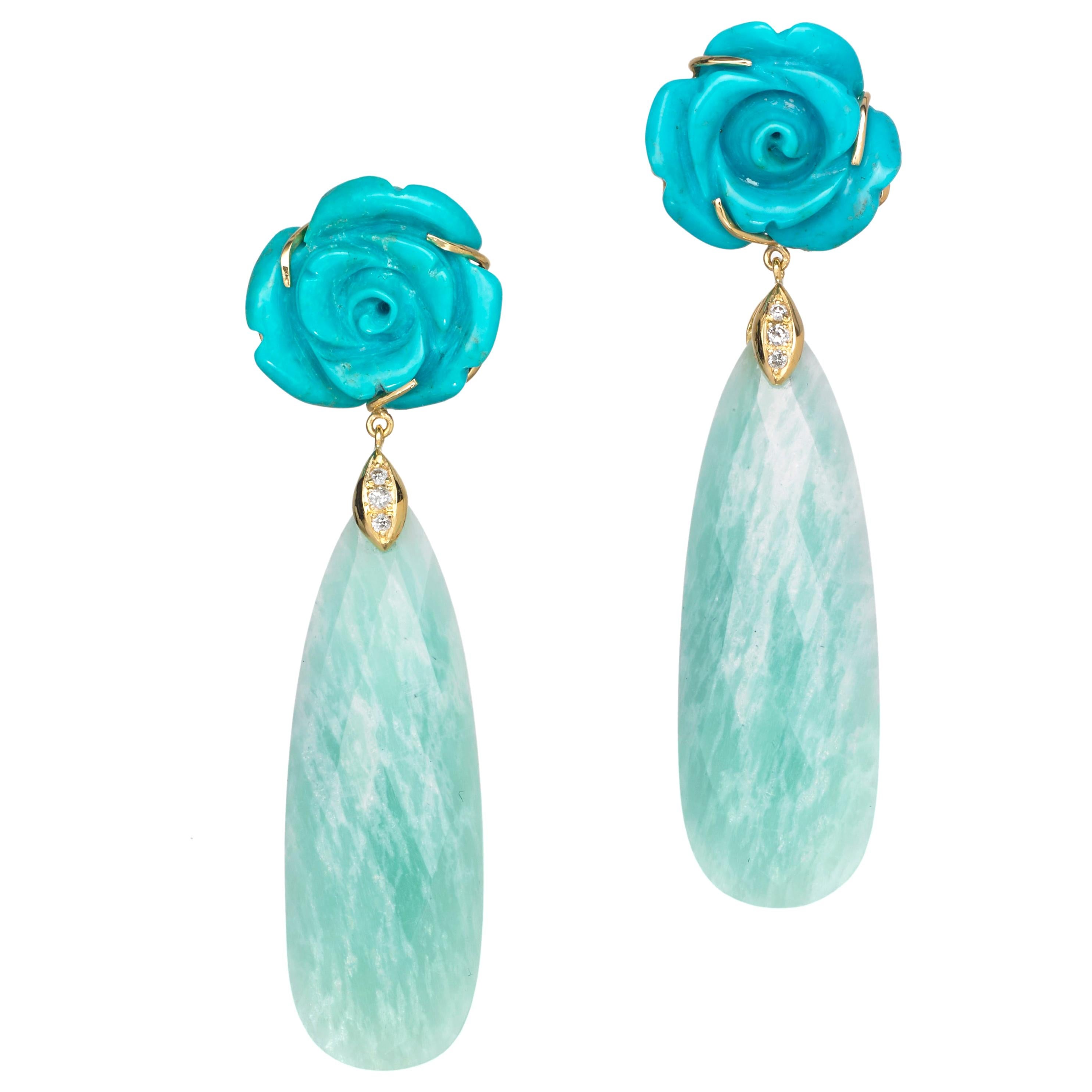 18 Karat Yellow Gold Carved Turquoise Flowers Amazonite Diamond Dangle Earrings