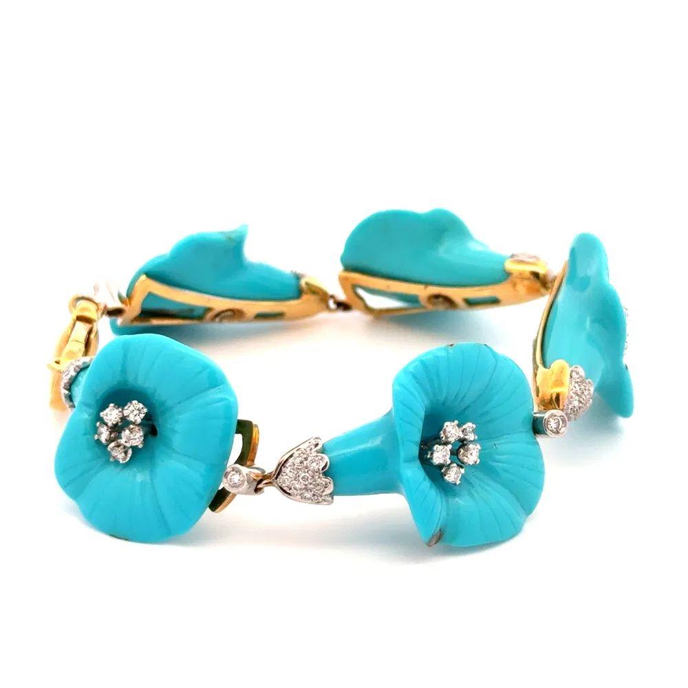 Taille mixte Bracelet vintage avec fleurs en turquoise sculptées et diamants, 5 stations en or en vente