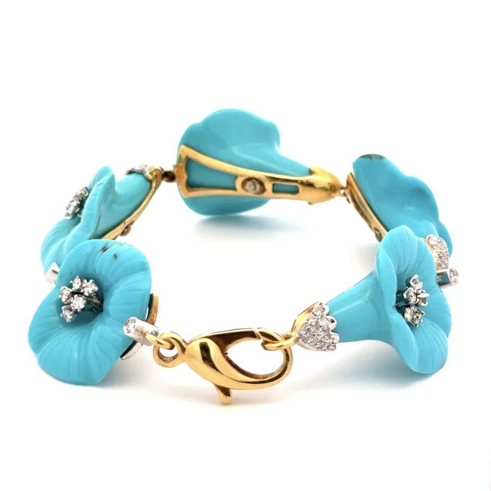 Bracelet vintage avec fleurs en turquoise sculptées et diamants, 5 stations en or Pour femmes en vente