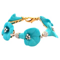 Carved Turquoise Flower and Diamond 5 Station Gold Statement Vintage Bracelet