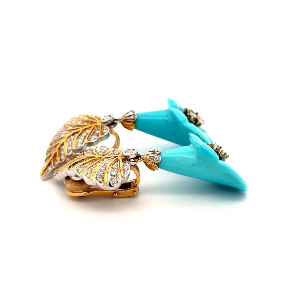Geschnitzte Türkisblume und Diamant Gold Statement Ohrringe (Gemischter Schliff) im Angebot