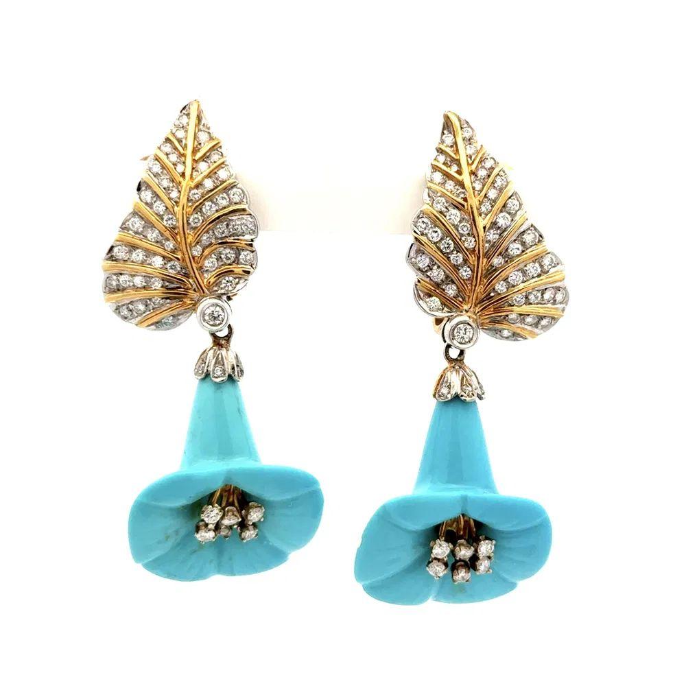 Geschnitzte Türkisblume und Diamant Gold Statement Ohrringe im Zustand „Hervorragend“ im Angebot in Montreal, QC