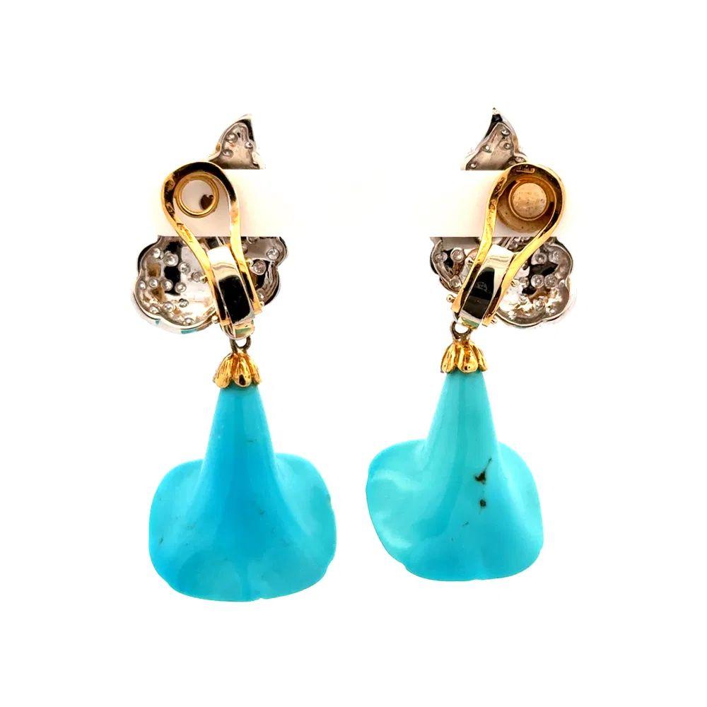 Geschnitzte Türkisblume und Diamant Gold Statement Ohrringe Damen im Angebot