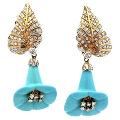 Carved Turquoise Flower and Diamond Gold Statement Drop Earrings