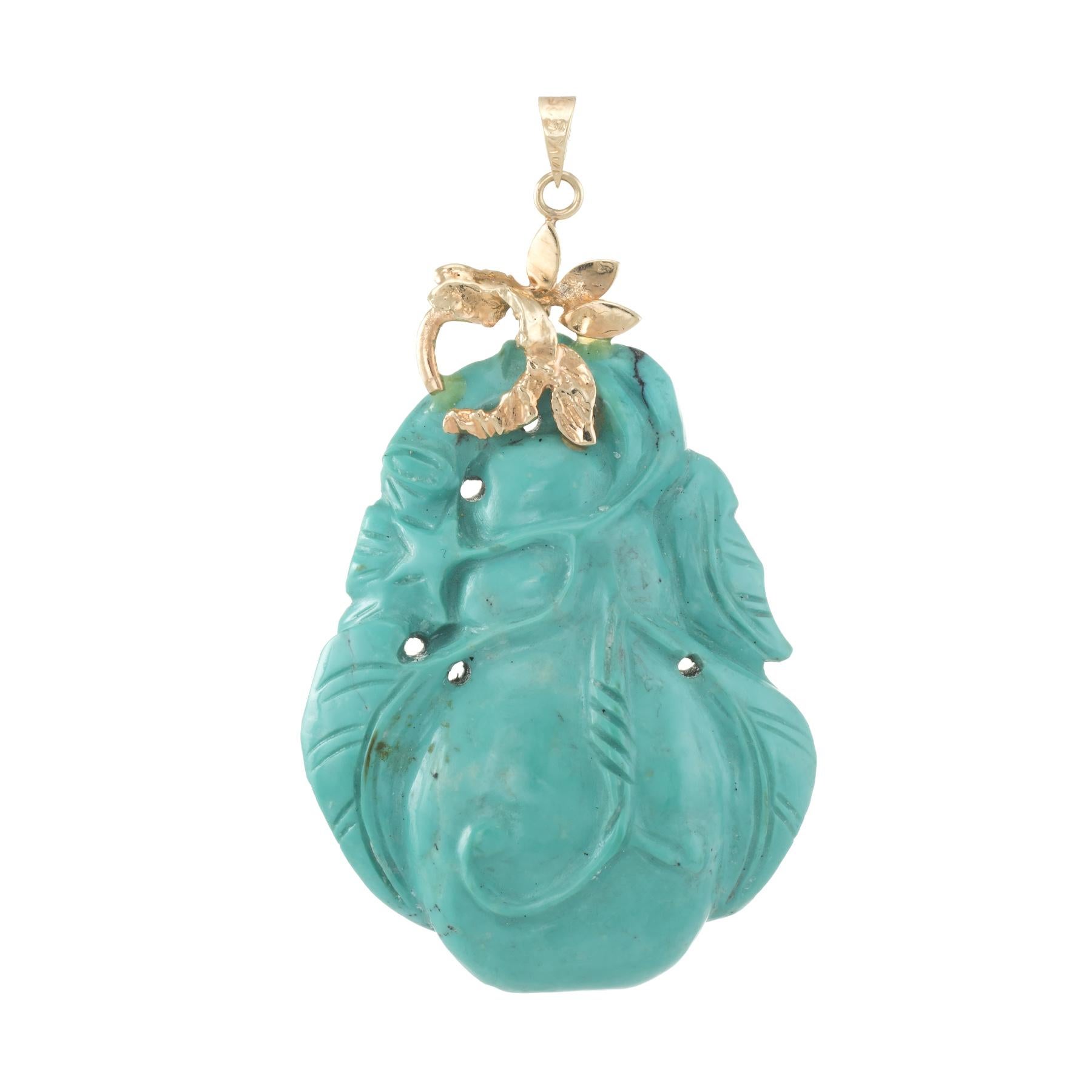 Perle Pendentif Fleur Turquoise Sculptée Vintage 14k Or Jaune Estate Fine Jewelry en vente