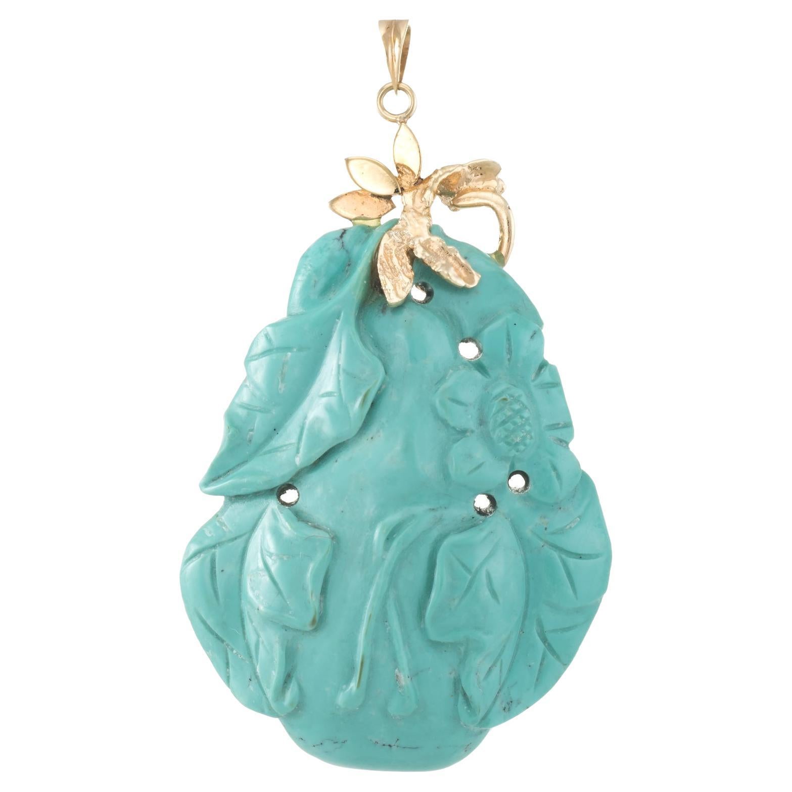Pendentif Fleur Turquoise Sculptée Vintage 14k Or Jaune Estate Fine Jewelry en vente