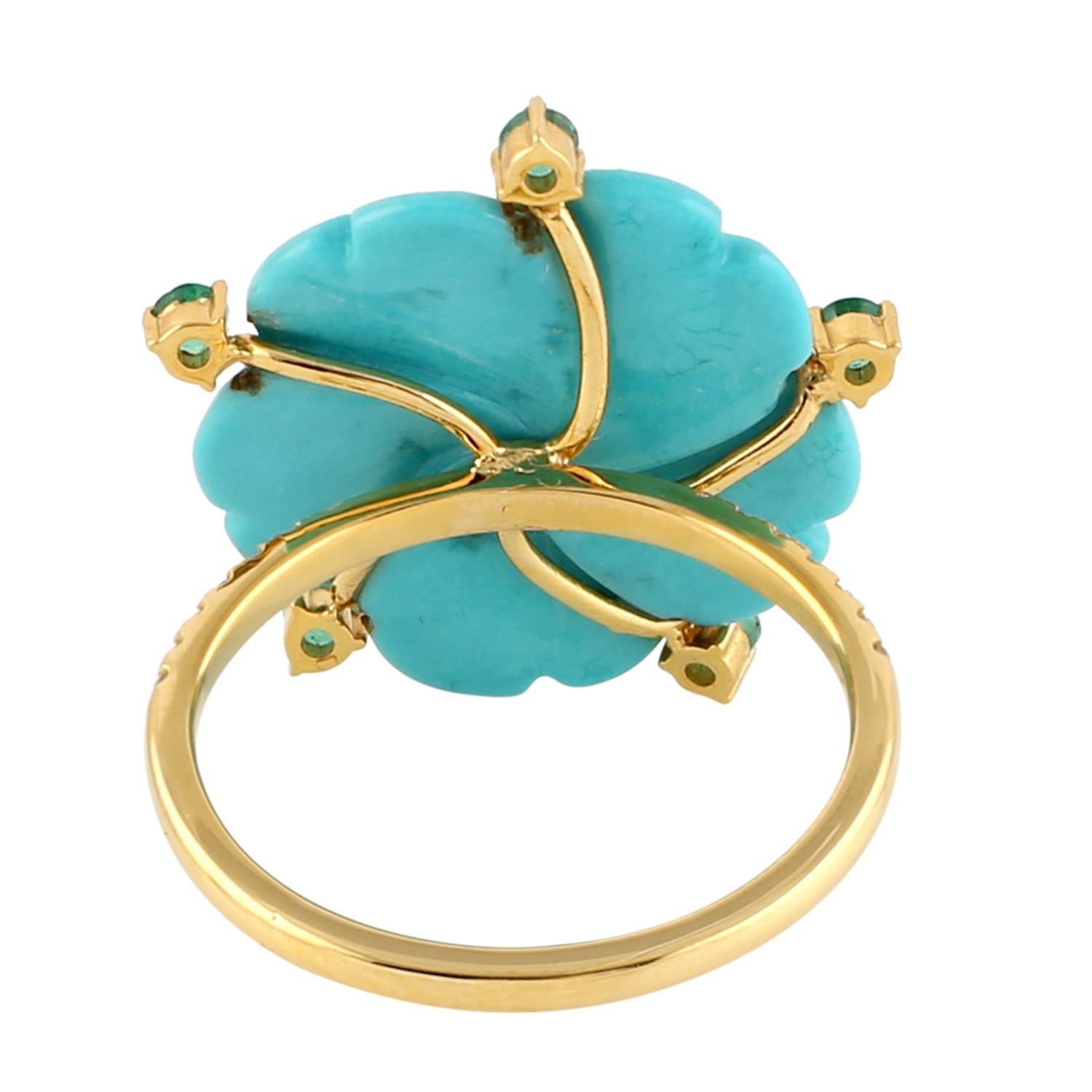 Artisan Carved Turquoise Flower Ring With Emerald & Diamonds Made In 18k Yellow Gold For Sale