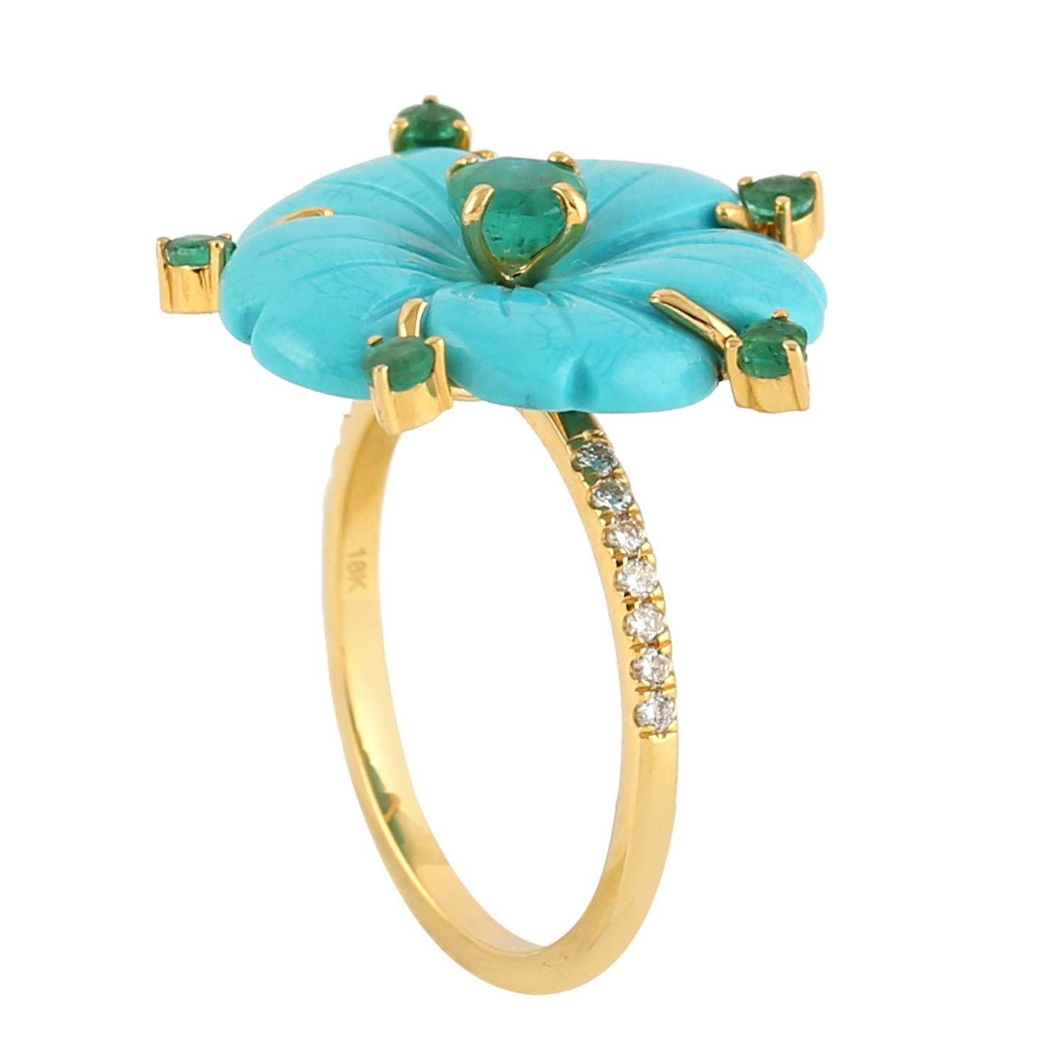 Mixed Cut Carved Turquoise Flower Ring With Emerald & Diamonds Made In 18k Yellow Gold For Sale