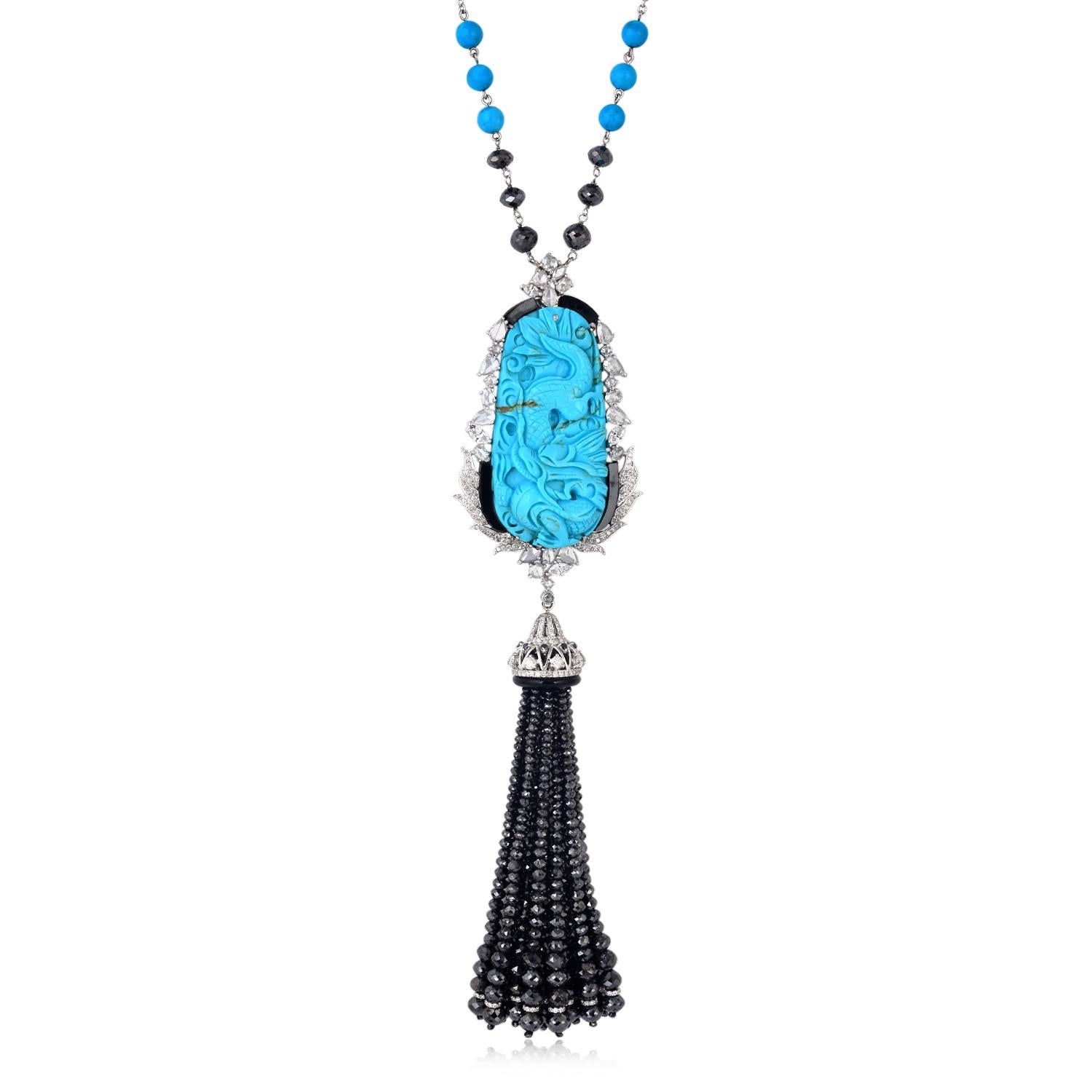Art Déco Collana in turchese intagliato con perline di onice e turchese e diamanti in oro in vendita