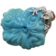 Carved Turquoise Opal Diamond Gold Cocktail Ring