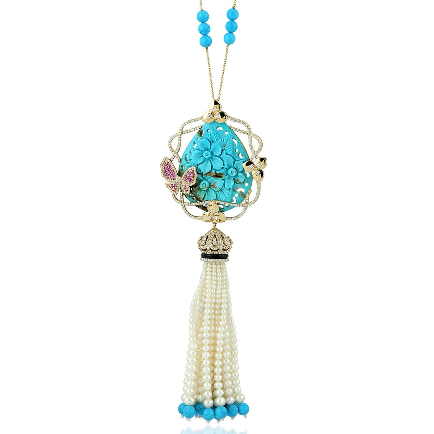 geschnitzte Türkis Perle Diamant 18 Karat Gold floraler Quastenanhänger Halskette (Kunsthandwerker*in) im Angebot