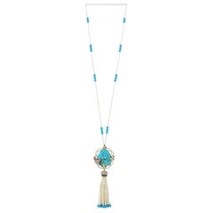 Carved Turquoise Pearl Diamond 18 Karat Gold Floral Tassel Pendant Necklace