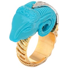 Carved Turquoise Ram Ring 18 Karat Gold Diamond Aries Jewelry Large Cocktail