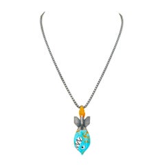 Carved Turquoise Rock Crystal White Fire Opal Silver Shark Rocket Necklace