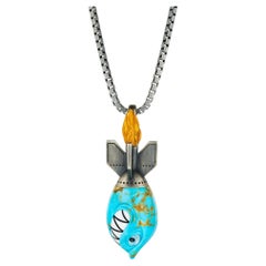 Carved Turquoise Rock Crystal White Fire Opal Silver Shark Rocket Necklace