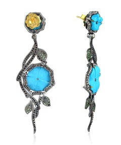 Carved Turquoise Tsavorite Diamond Earrings