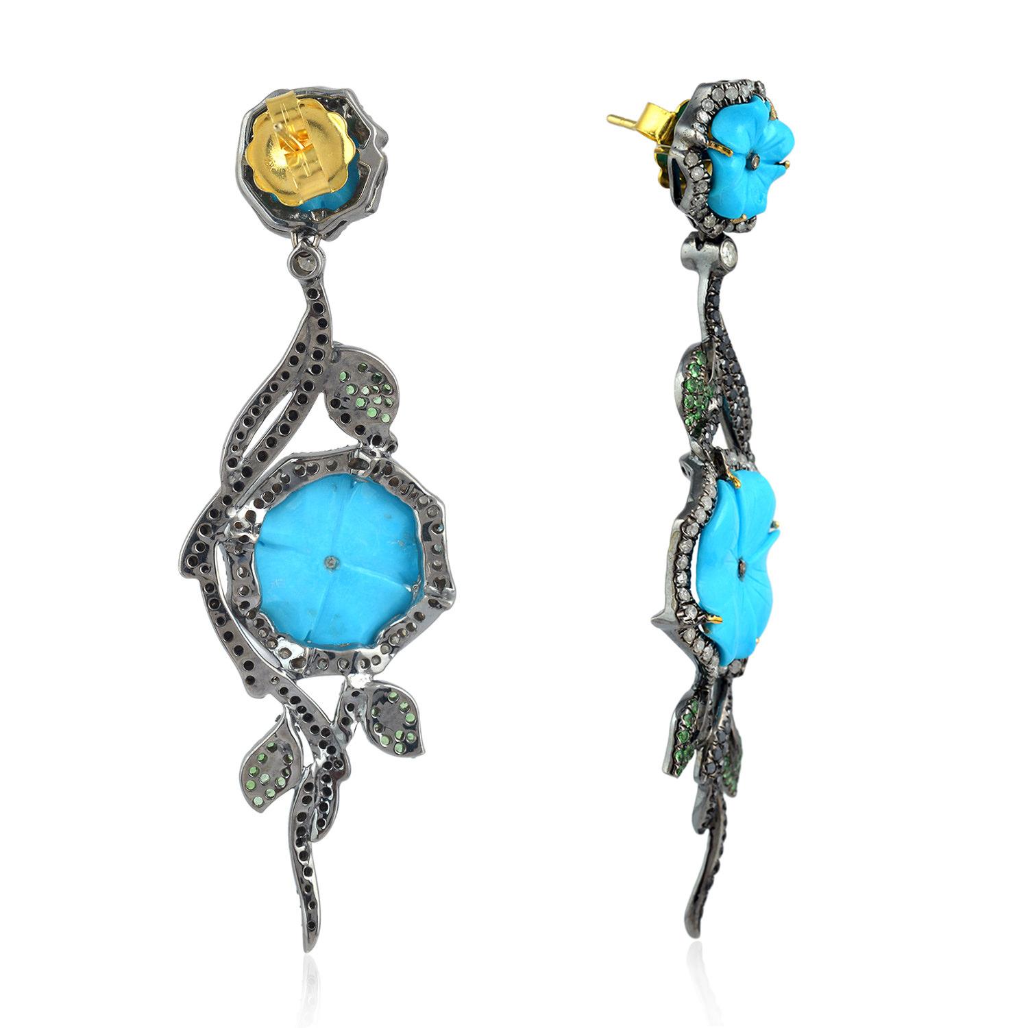 Artisan Carved Turquoise Tsavorite Diamond Earrings For Sale