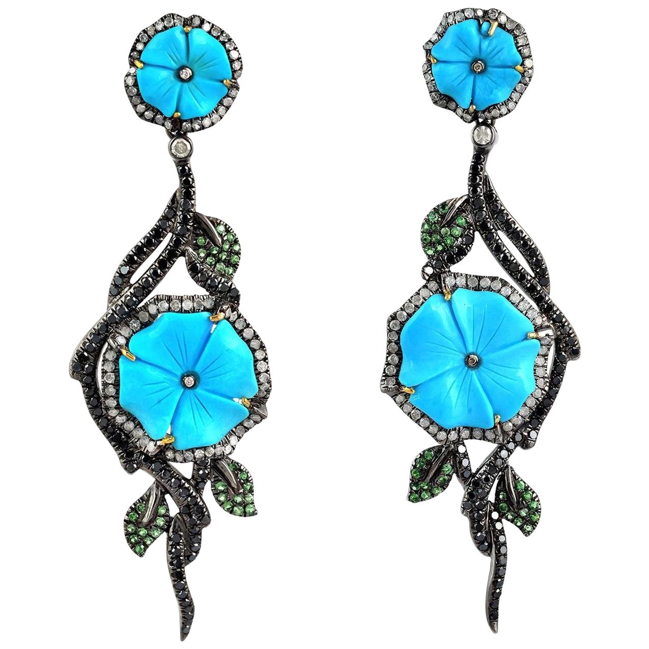 Carved Turquoise Tsavorite Diamond Earrings For Sale