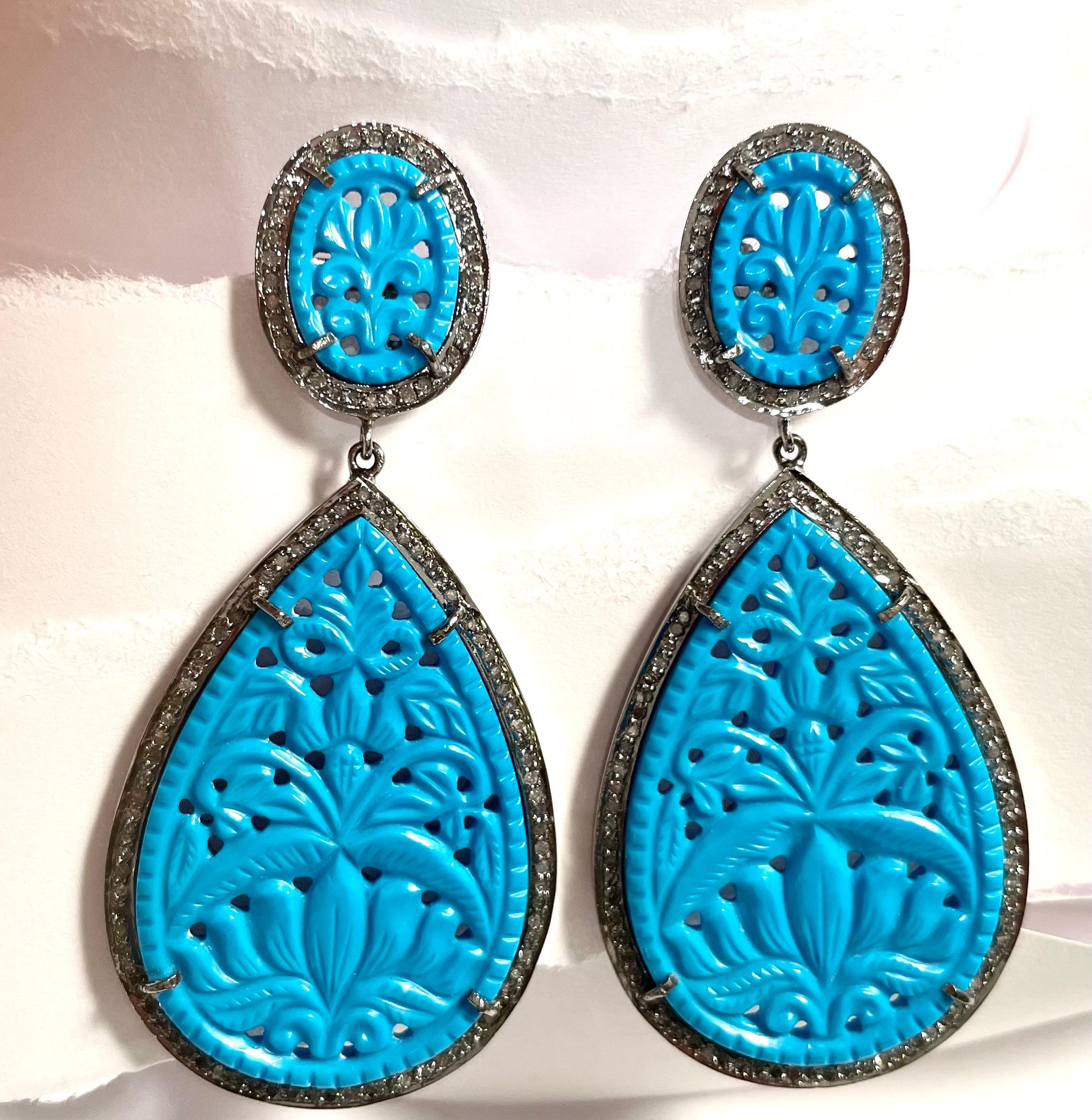 Contemporary Turquoise Earrings with Pave Diamonds For Sale