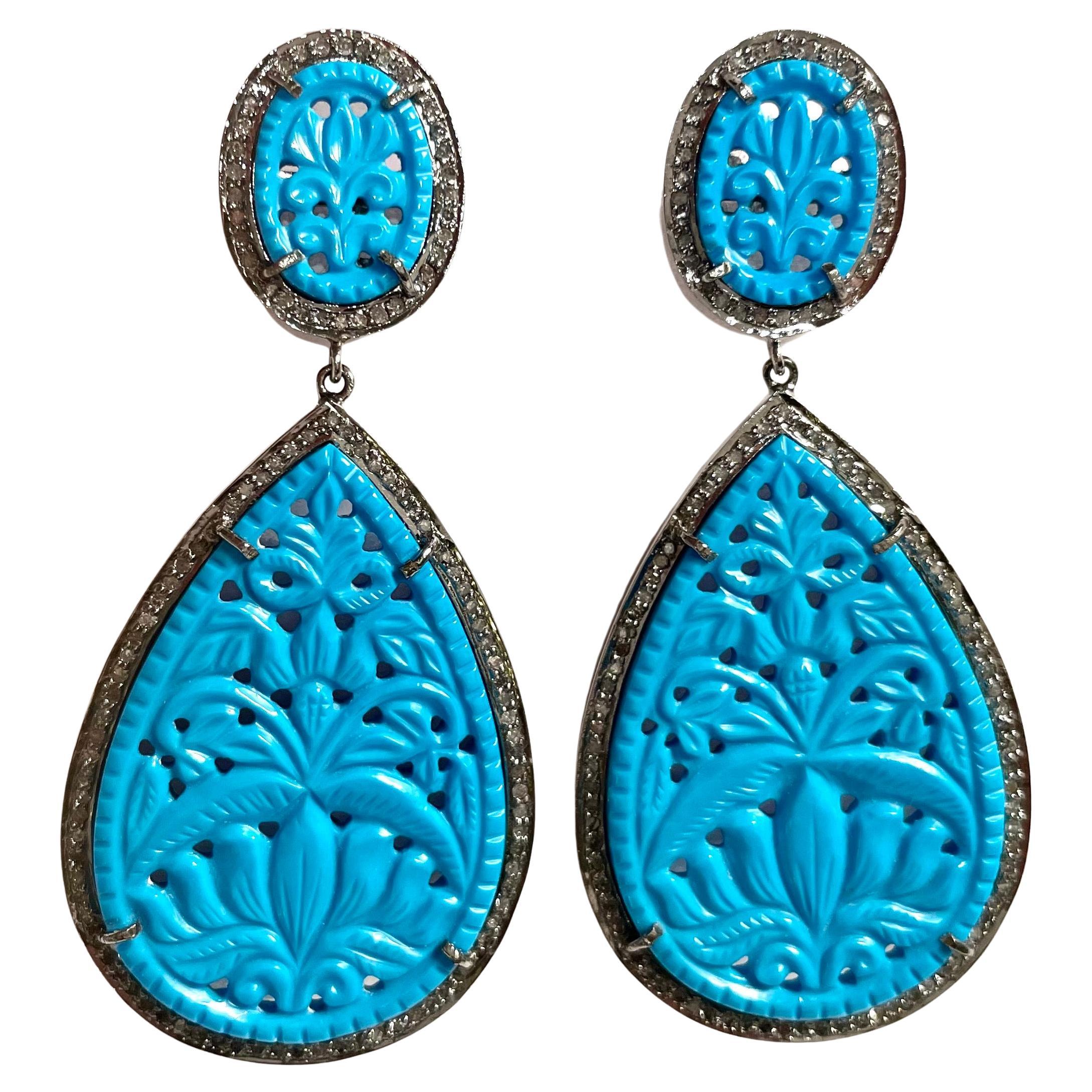 Turquoise Pear Shaped Earrings with White Diamonds at 1stDibs