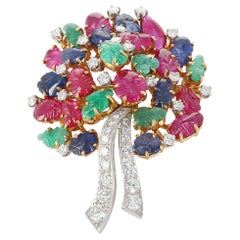 Carved Tutti Frutti Brooch with Ruby, Sapphire, Emerald, Diamond, 18K & Platinum