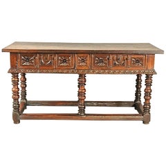 Carved Two-Drawer Baroque Spanish Library Table, Cherry and Chestnut