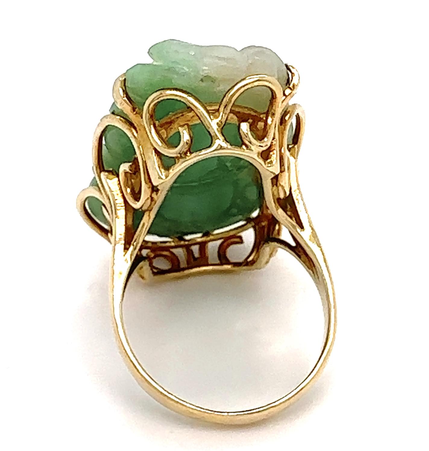 Carved Type A Green Jadeite Jade Lucky Calabash Gourd Cocktail Ring in 14K Gold For Sale 4
