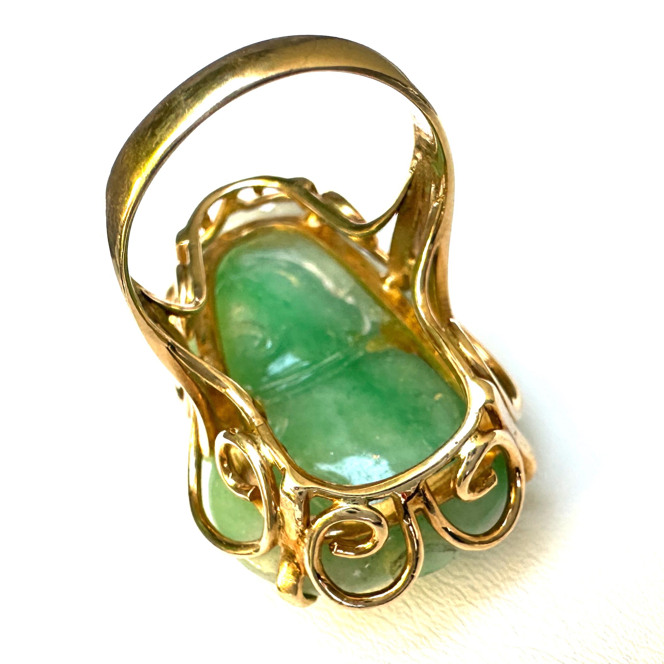 Carved Type A Green Jadeite Jade Lucky Calabash Gourd Cocktail Ring in 14K Gold For Sale 5
