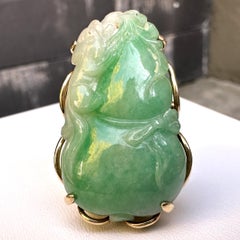 Carved Type A Green Jadeite Jade Lucky Calabash Gourd Cocktail Ring in 14K Gold